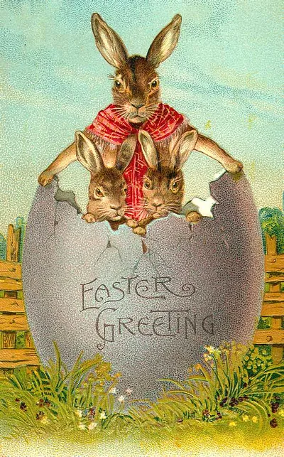 Easter Greeting postcard with rabbits in cracked egg