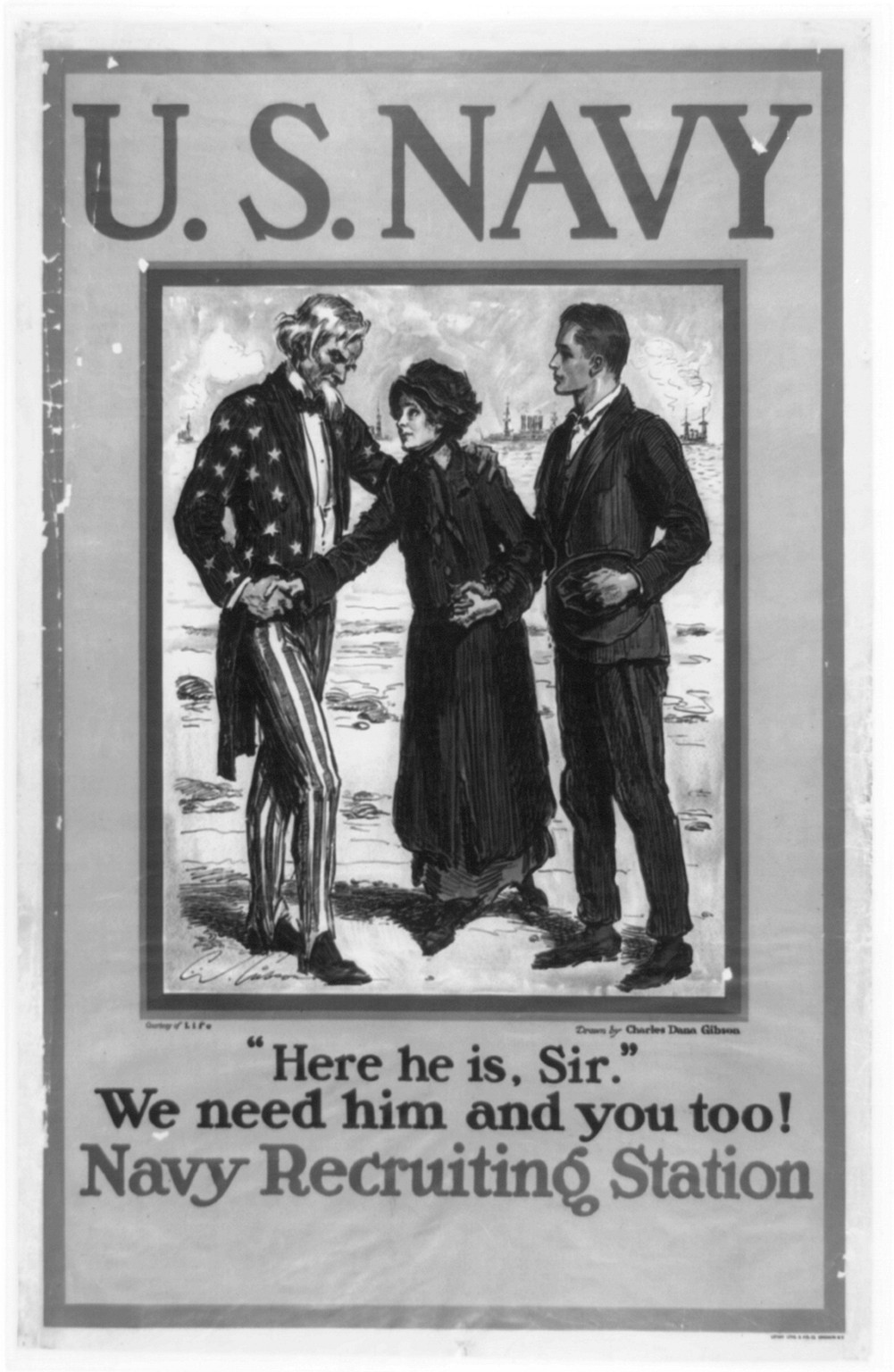 U.S. Navy--Here he is sir--We need him and you too! Navy Recruiting Station / drawn by Charles Dana Gibson., 1914 — vintage poster