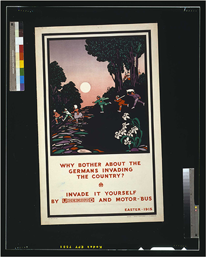 Why bother about the Germans invading the country? Invade it yourself by Underground and motor-bus. Easter - 1915 / The Brothers Warbis designed printed by Spottiswoode Co. Ltd. London E.C., 1915 — vintage poster