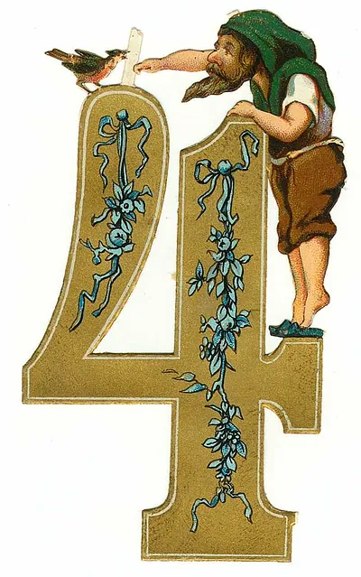 Gold die-cut numeral 4 with elf and bird