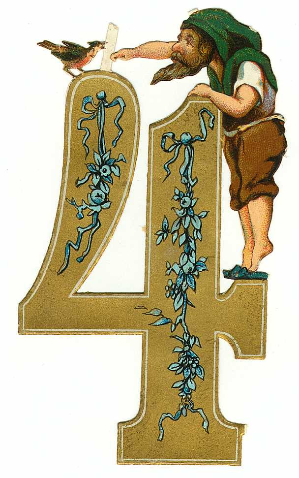 Gold die-cut numeral 4 with elf and bird — historic image