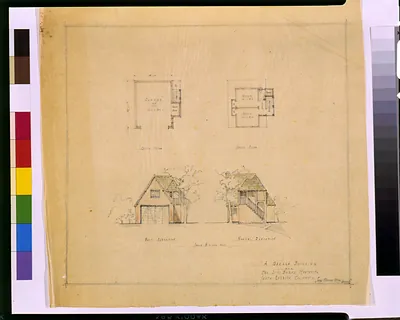 Architectural drawing of a garage cottage with plans and elevations