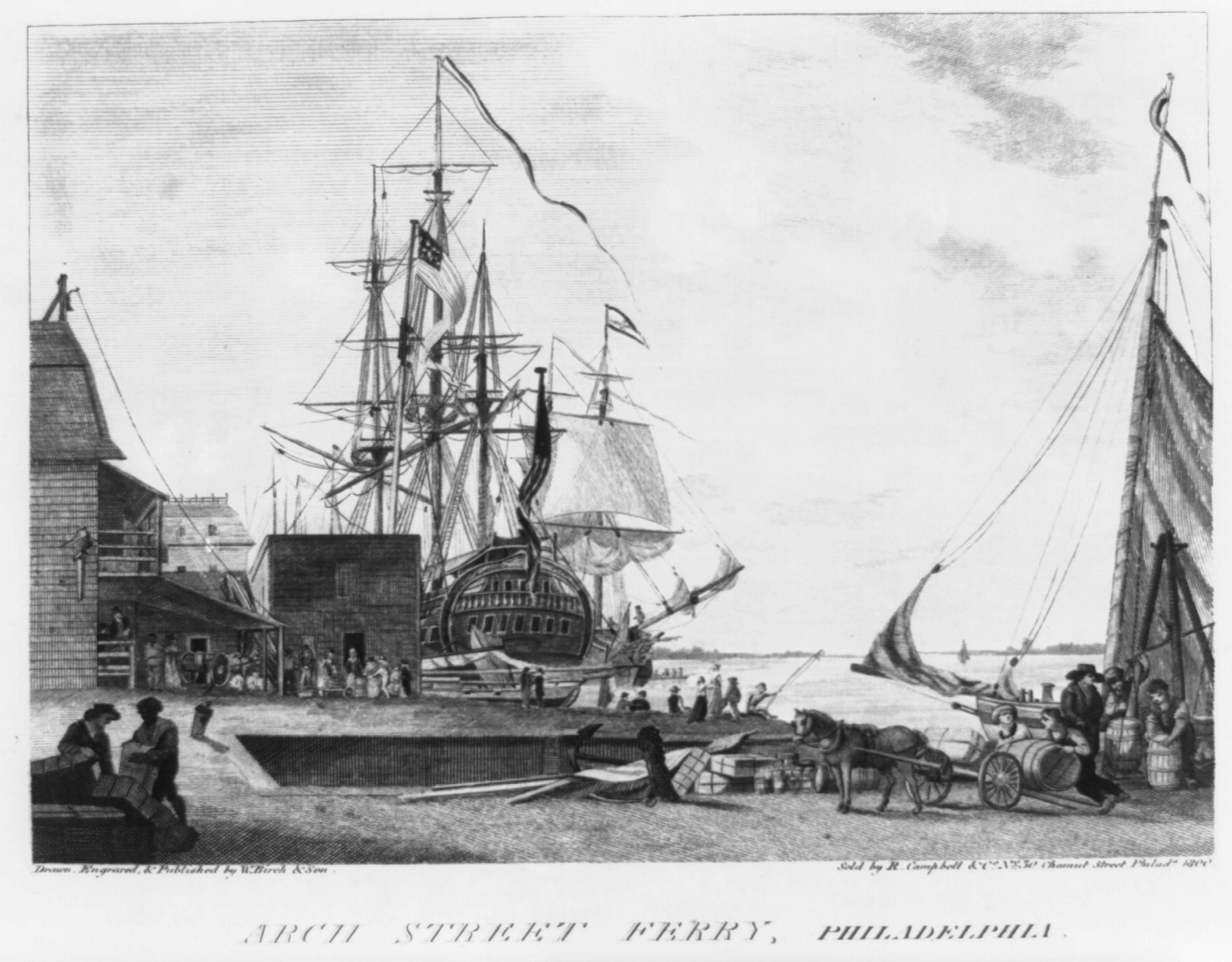 Arch Street Ferry, Philadelphia, 1800 — antique engraving