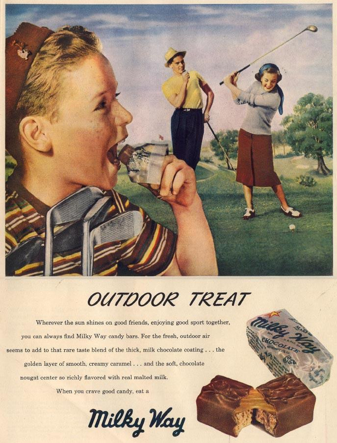 Milky Way candy advertisement: Outdoor Treat, golf scene — historic image