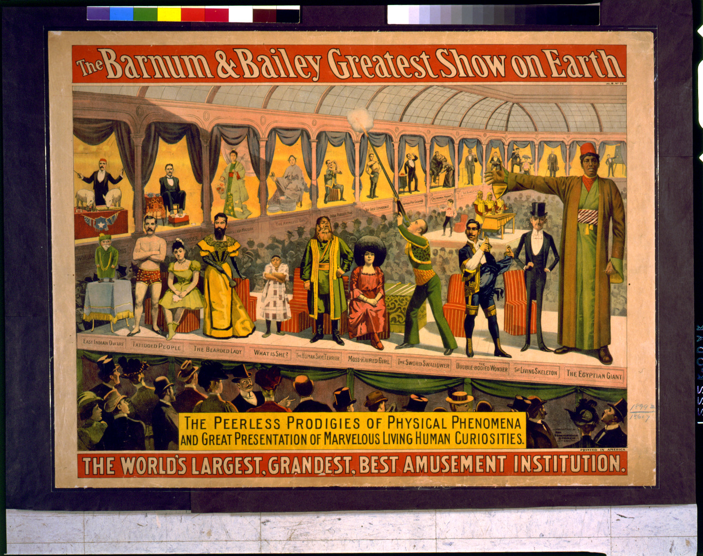 The Barnum & Bailey greatest show on earth--the peerless prodigies of physical phenomena and great presentation of marvelous living human curiosities, Cin'ti & New York : The Strobridge Litho. Co., 1899. — vintage poster
