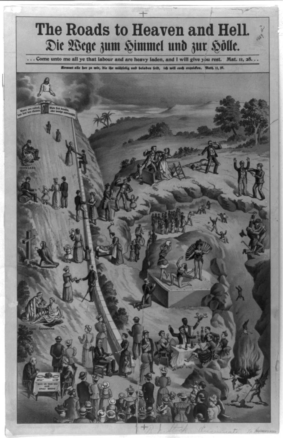 The roads to Heaven and Hell, c1896. — antique lithograph