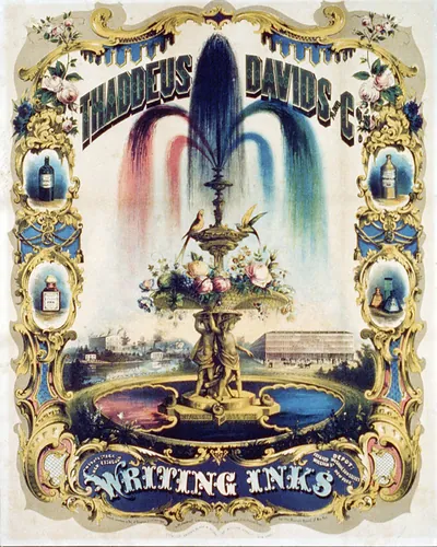 Thaddeus Davids & Co. Writing Inks advertising lithograph with fountain