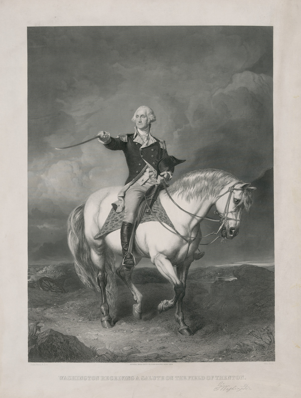 Washington Receiving A Salute On The Field Of Trenton, c. 1860 — antique engraving