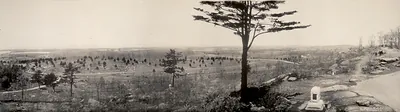 Panoramic view of Gettysburg battlefield with monument and pine tree