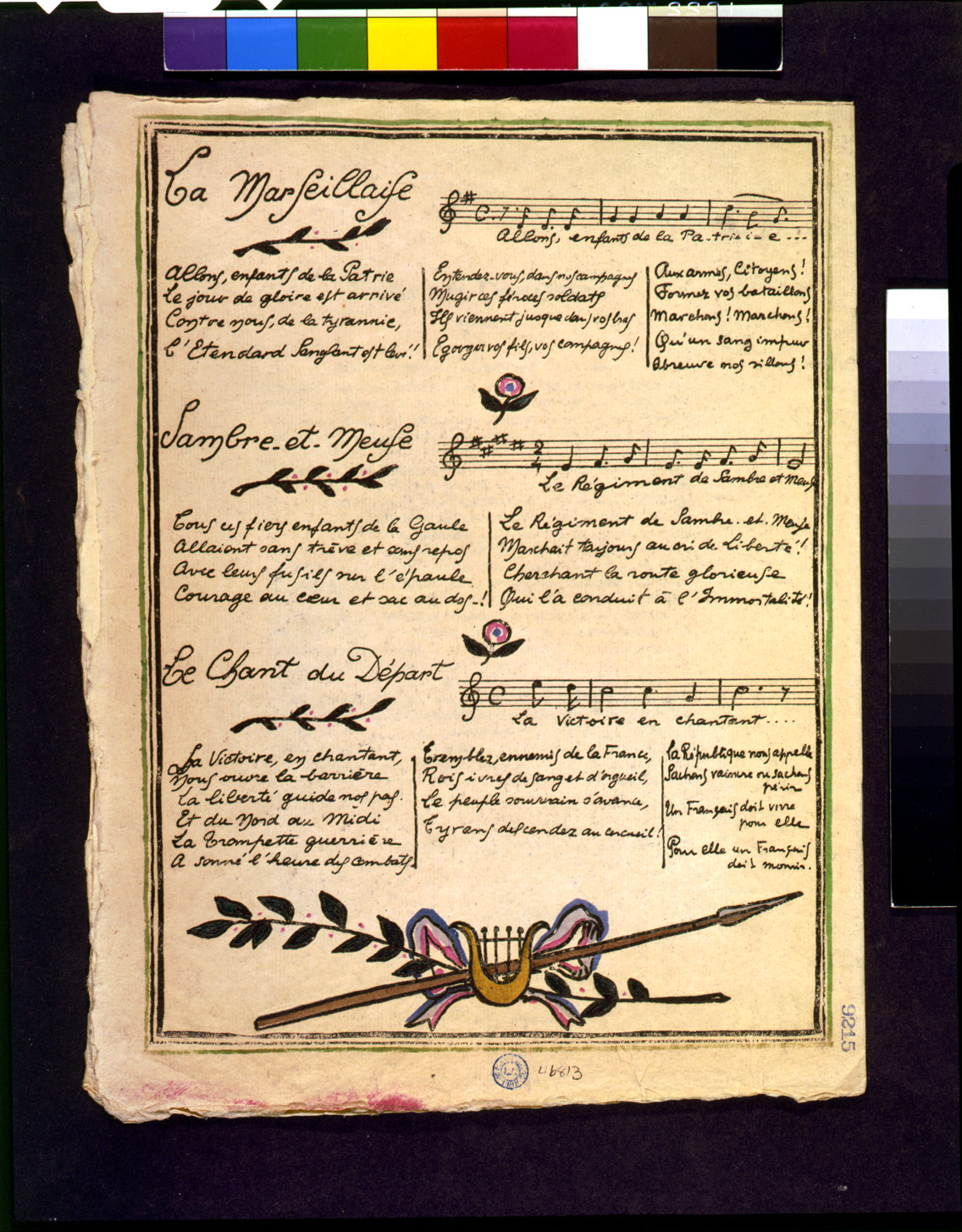 [Three French song titles, with words to first verse of each], [1915 or1916] — antique lithograph