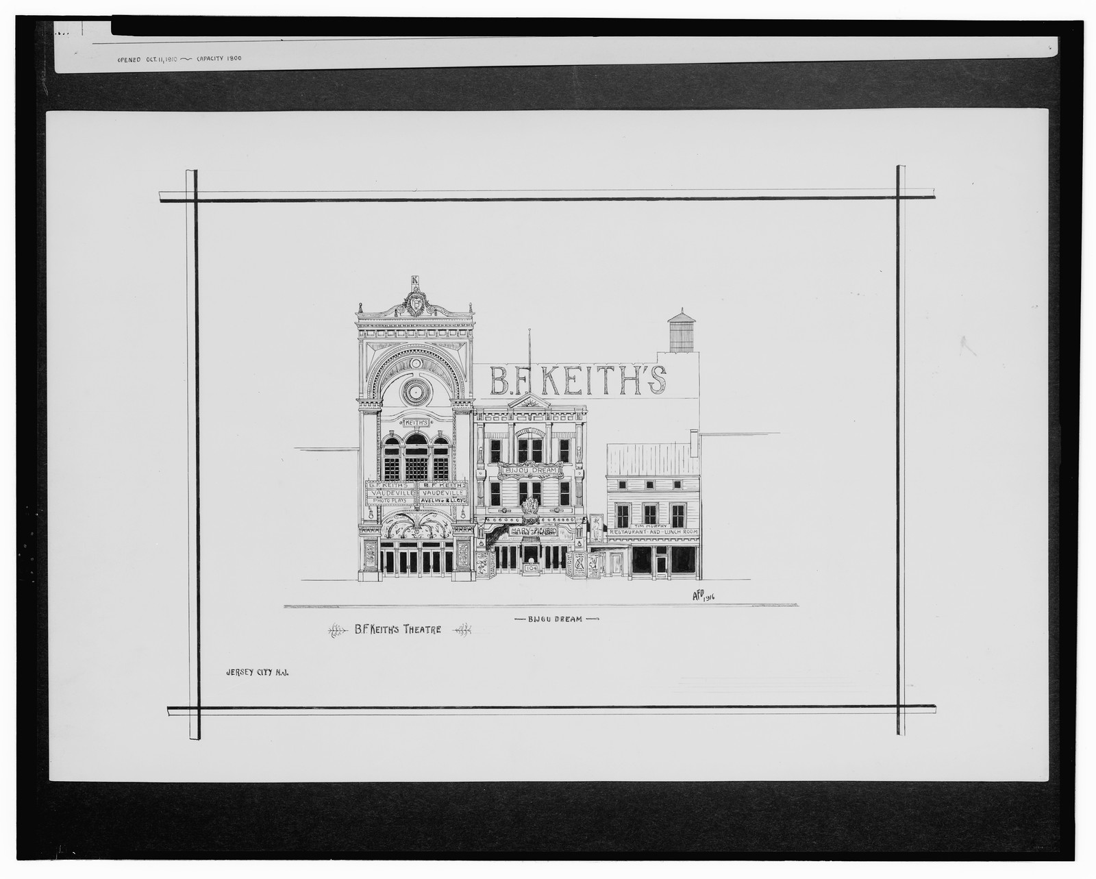 [B.F. Keith's Theatre (vaudeville) and Bijou Dream theater, showing Mary Pickford in film The Pride of the Clan, Jersey City, New Jersey] / AFD 1916., And Engineering (ADE) Drawings — vintage poster