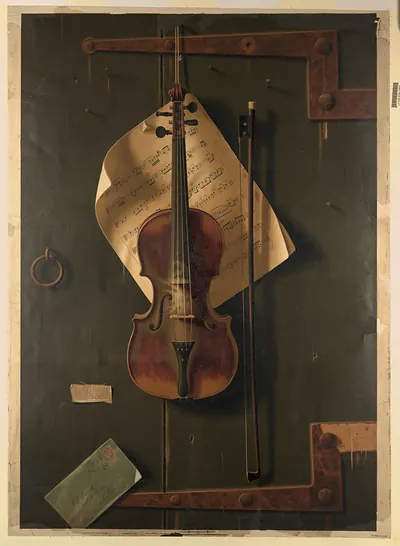 Trompe l'oeil violin with sheet music, bow and envelope