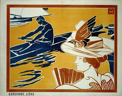 [Regate et Chapeau à Plumes. Man rowing, girl watching wearing plumed hat. Adv. for Meuse R. regatta]