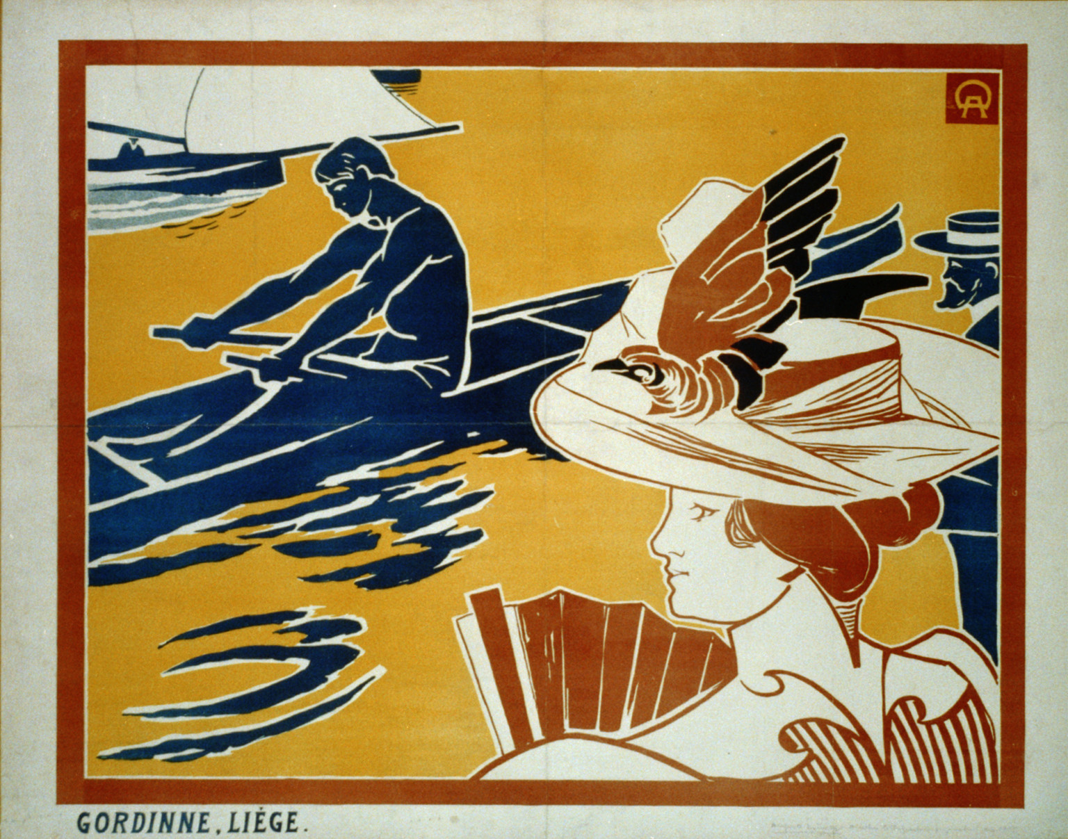 [Regate et Chapeau à Plumes. Man rowing, girl watching wearing plumed hat. Adv. for Meuse R. regatta], Liège : Gordinne, c.1895 — vintage poster