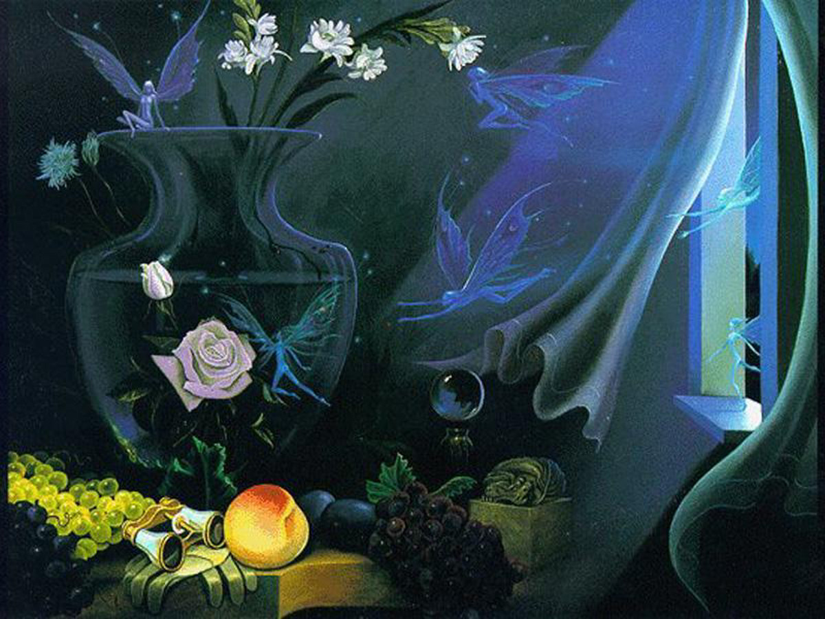 Still life with fairies, glass vase and fruit — historic image
