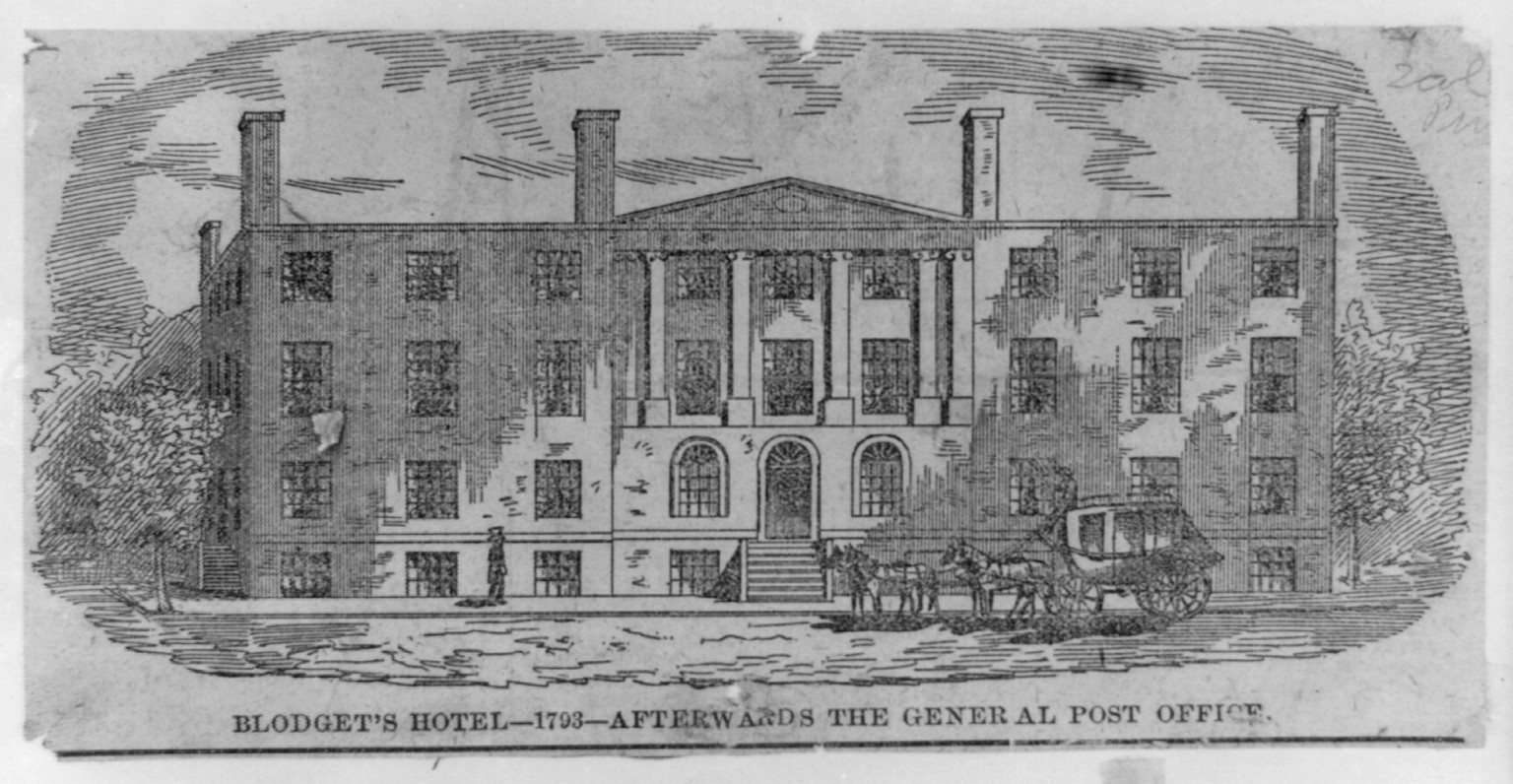 Blodget's Hotel - 1793 - afterwards the General Post Office [Washington, D.C.], [between ca. 1860 and 1918] — antique engraving