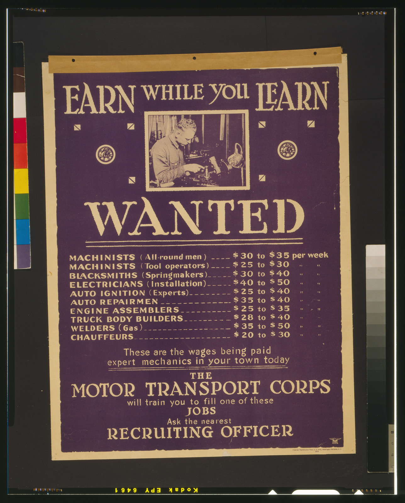 Earn while you learn Wanted machinists [...]., Washington Barracks, D.C. : Engineer Reproduction Plant, U.S. Army, 1919. — vintage poster
