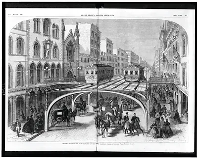 Broadway Railroad - the grand elevation of the overground railroad / designed and patented by William Hemstreet, Brooklyn.