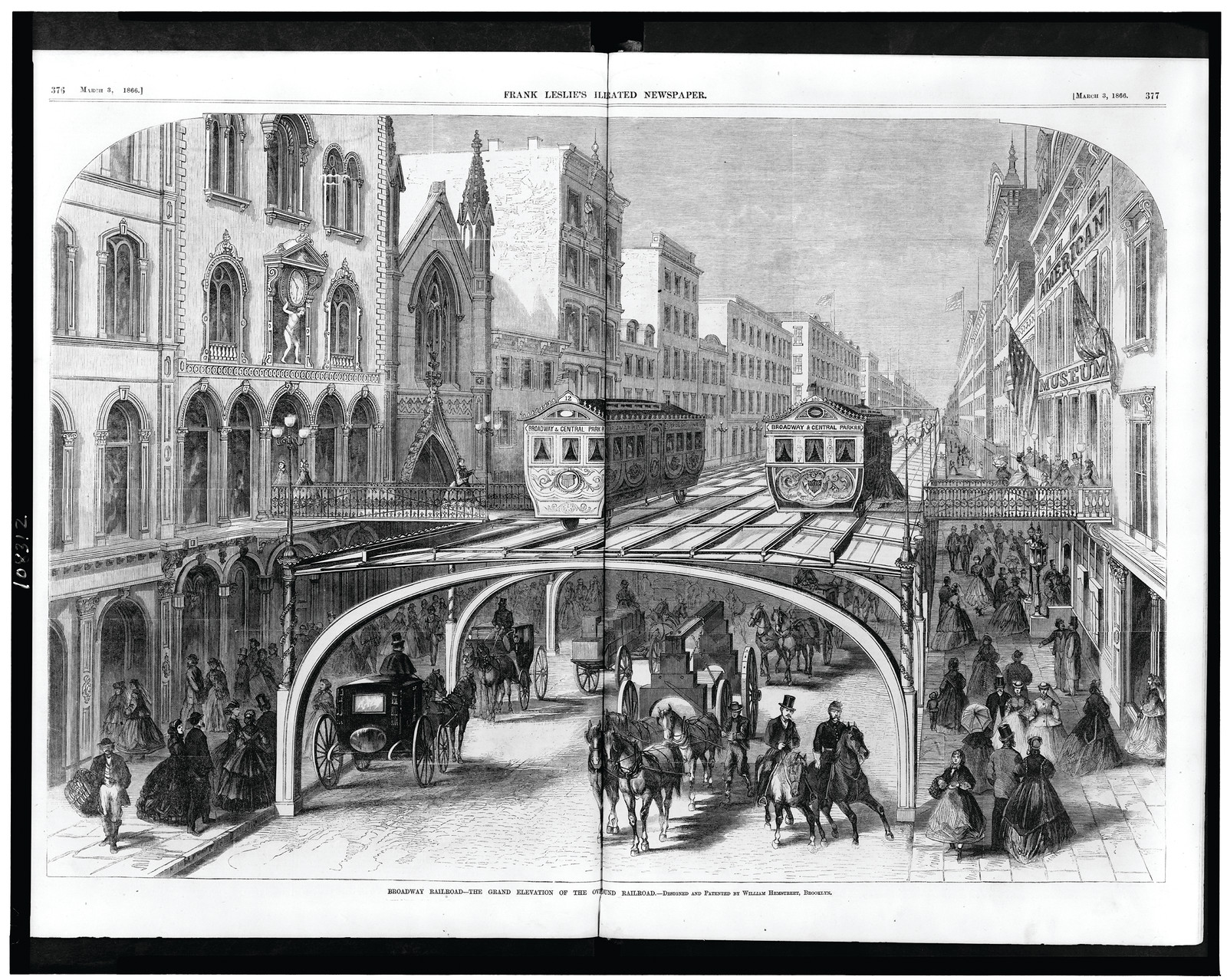 Broadway Railroad - the grand elevation of the overground railroad / designed and patented by William Hemstreet, Brooklyn., 1866 — antique engraving