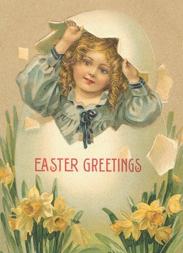 Easter greetings card with child emerging from egg — historic image
