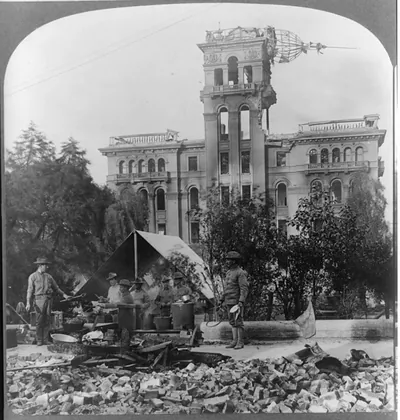 San Francisco Earthquake and Fire, 1906: soldiers being served with supper at Portsmouth Square