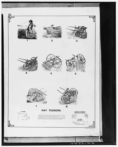Hay Tedders: eight numbered illustrations of hay tedding machines