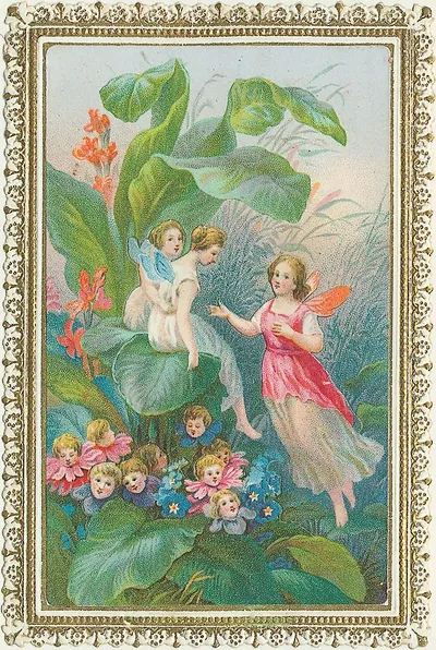 Lace-framed card of fairies among leaves and flowers