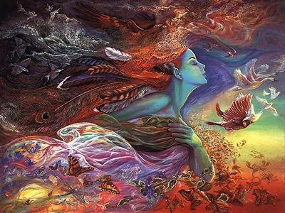 Blue-skinned woman with birds, butterflies and flowing feathers