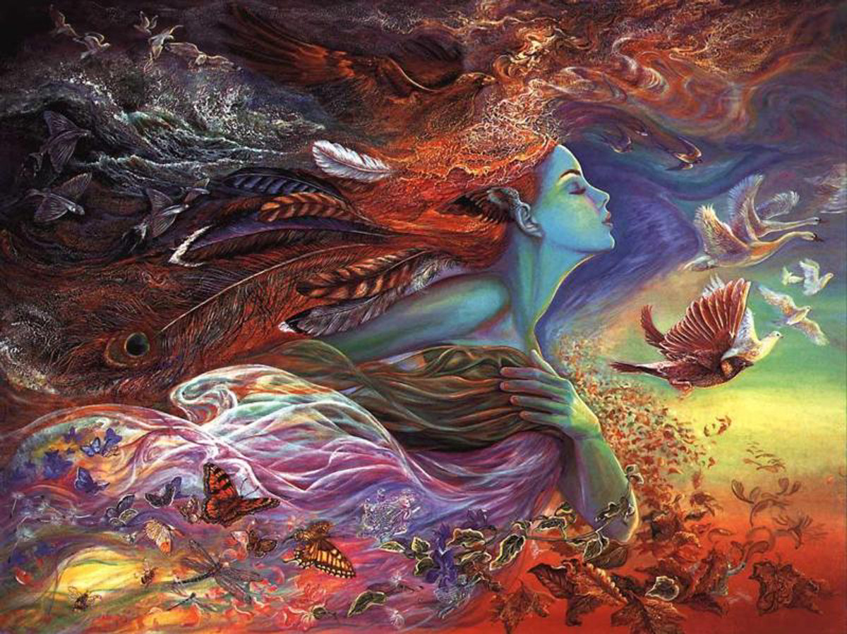 Blue-skinned woman with birds, butterflies and flowing feathers — historic image