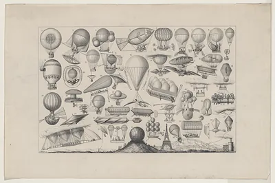 Engraved plate of numbered balloons and airships with Eiffel Tower
