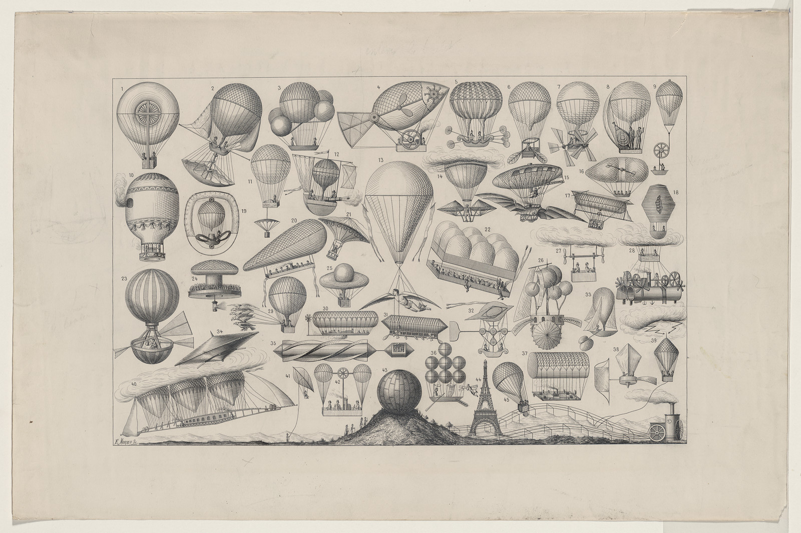 Engraved plate of numbered balloons and airships with Eiffel Tower — historic image
