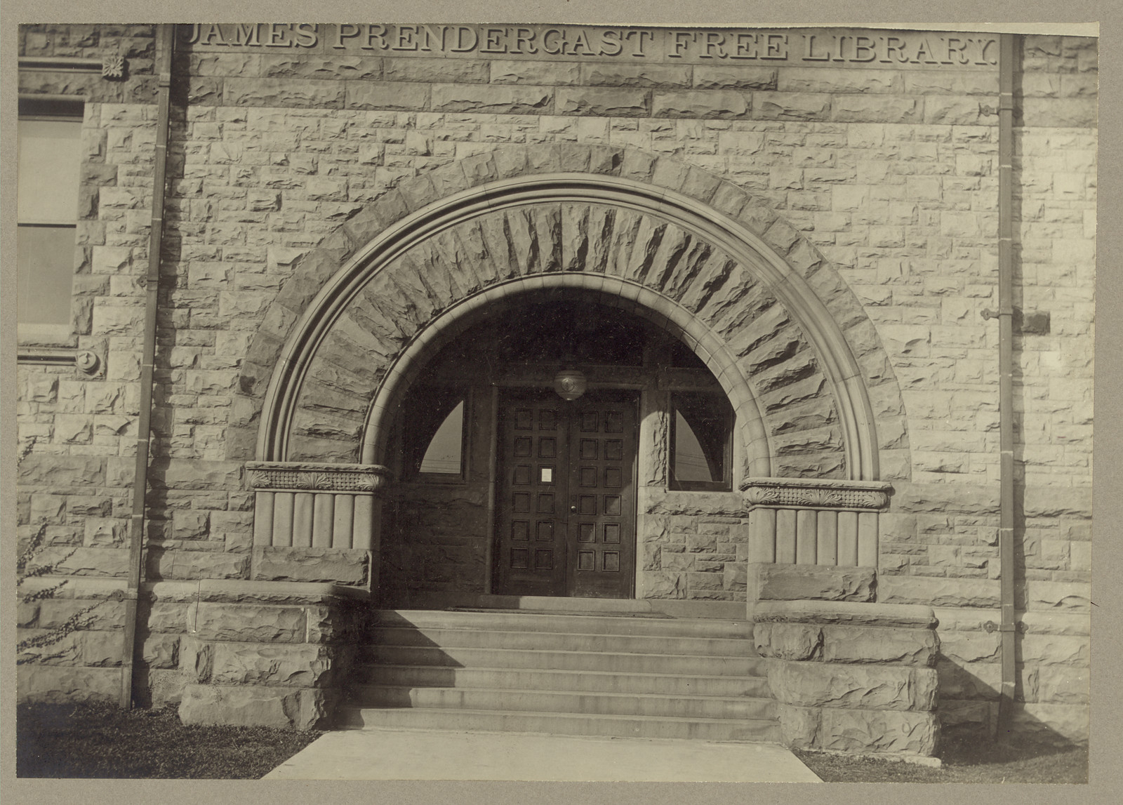 Entrance of James Prendergast Free Library — historic image