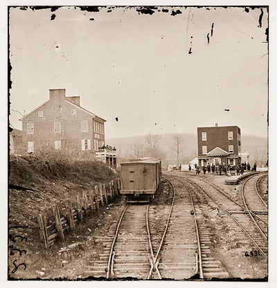 Hanover Junction Pennsylvania. View of railroad station and boxcars