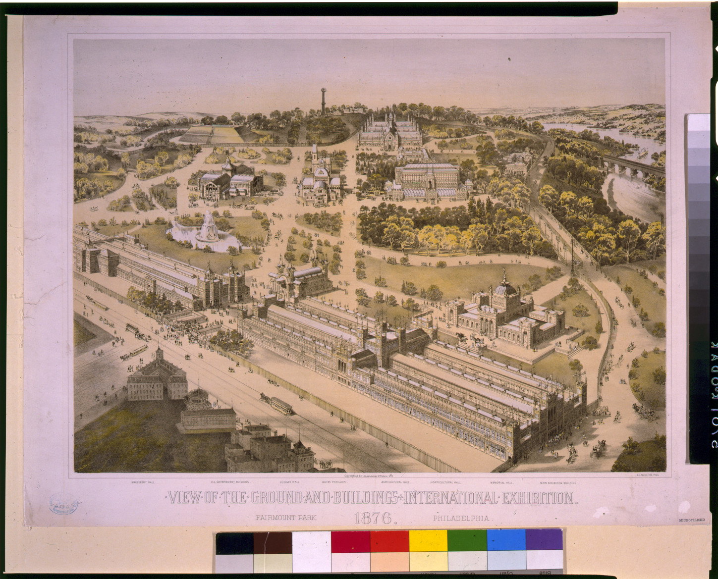 View of the ground and buildings, International Exhibition, 1876, Fairmount Park, Philadelphia, Phila. : A.L. Weise lith., c1876. — antique lithograph