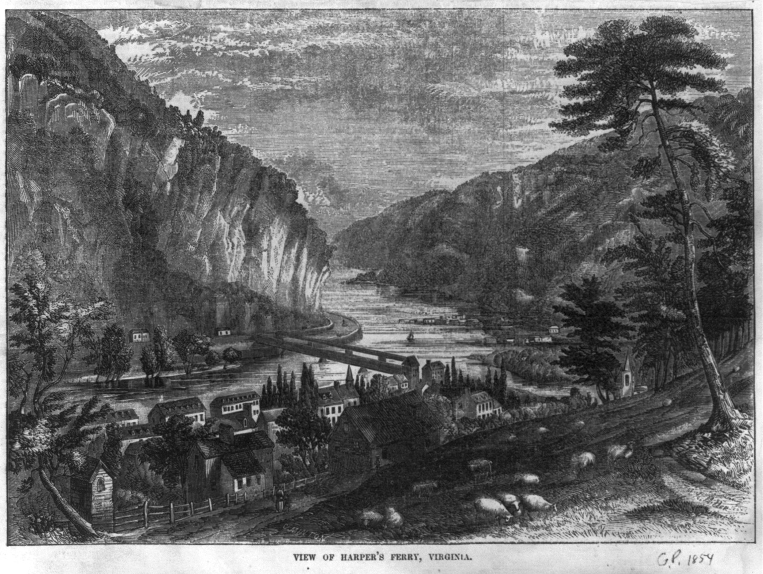 View of Harper's Ferry, Virginia, 1854 — antique engraving
