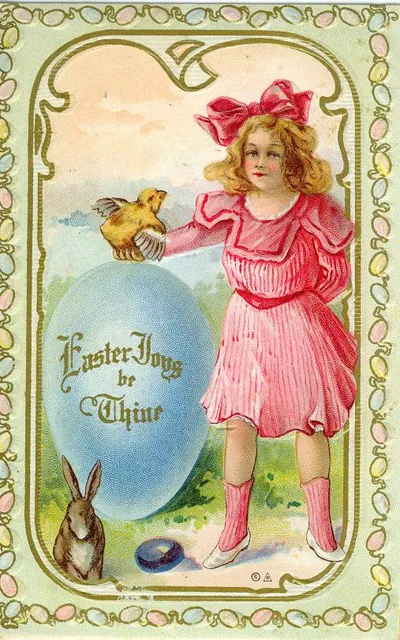 Girl with chick and rabbit on Easter greeting postcard
