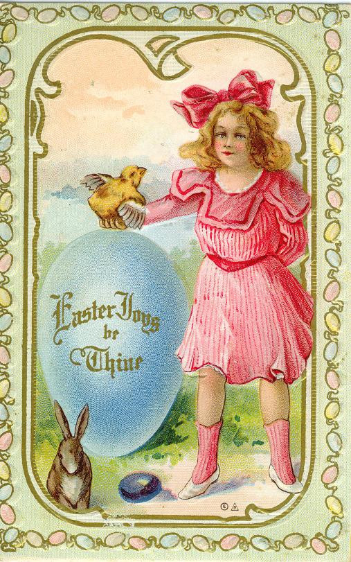 Girl with chick and rabbit on Easter greeting postcard — vintage postcard