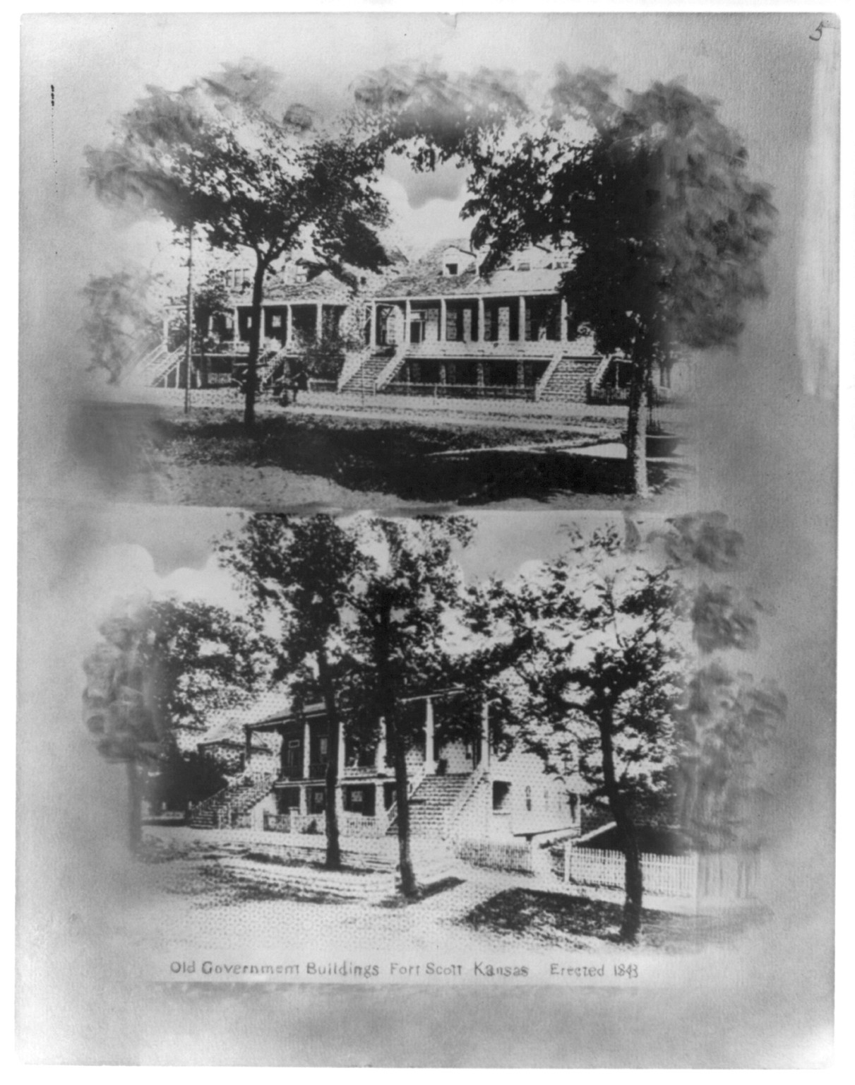 [Fort Scott, Kansas, ca. 1840-1869]: Old government buildings, erected 1843, [no date recorded on caption card] — historic print