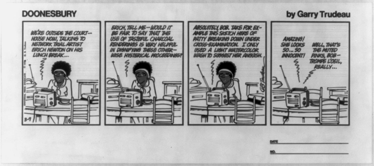 Doonesbury. We're outside the courthouse now, talking to network trial artist Erich Newton on his lunch break ..., c1976. — historic drawing