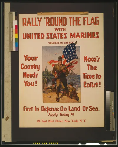 Rally 'round the flag with United States Marines Soldiers of the sea" First in defense on land or sea / Sidney H. Riesenberg 1916."
