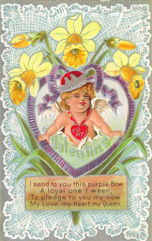 Valentine card with cupid, daffodils and verse — historic image