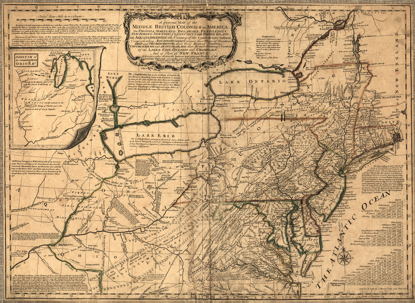 Northeast States Thos Jefferys, 1758, Massachusetts — antique map