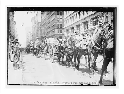 1st Battery, in carts and on horse-back, starting for war game, New York