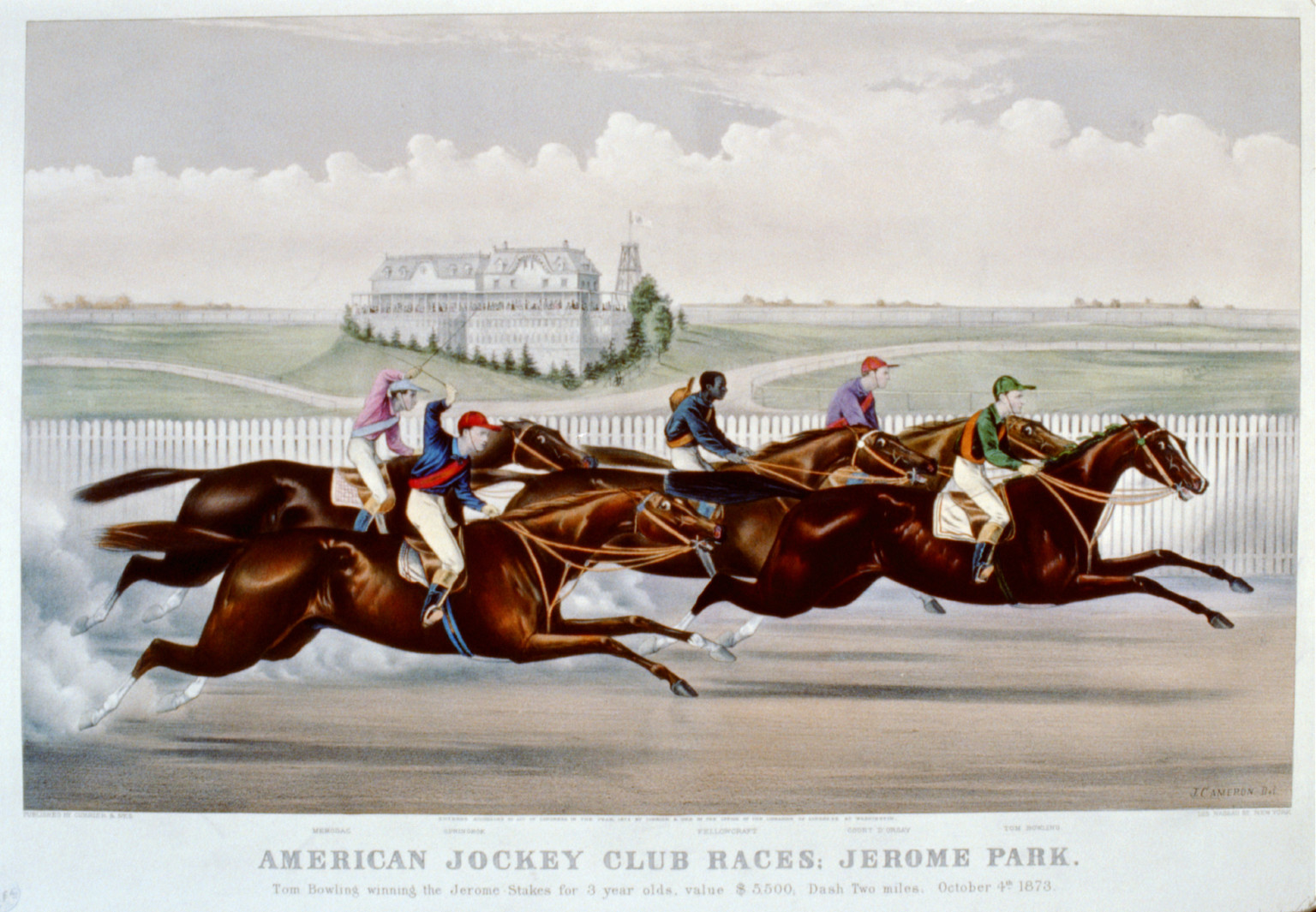 American Jockey Club Races; Jerome Park: Tom Bowling Winning the Jerome Stakes for 3 Year Olds, Value $5,500; Dash Two Miles; October 4th 1873. (Un-official Time 3:40), [New York] : Currier & Ives, 1873. — antique lithograph
