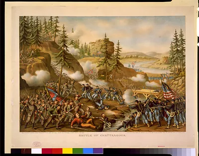 Battle of Chattanooga--Gen. Thomas' charge near Orchard Knob, Nov. 24' 1863--parts A.O.T. Potomac, Tenne. & Cumbd. engaged