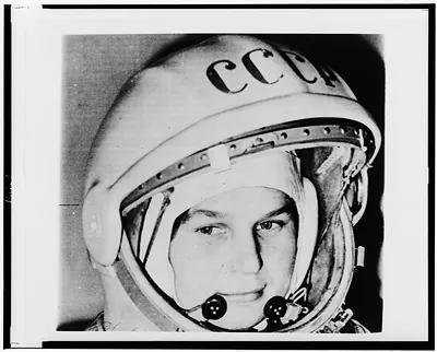 [Valentina Tereshkova, Russian cosmonaut, bust portrait, wearing hat and space helmet]