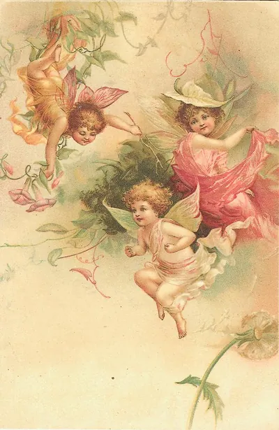 Three winged fairy children among flowers and vines