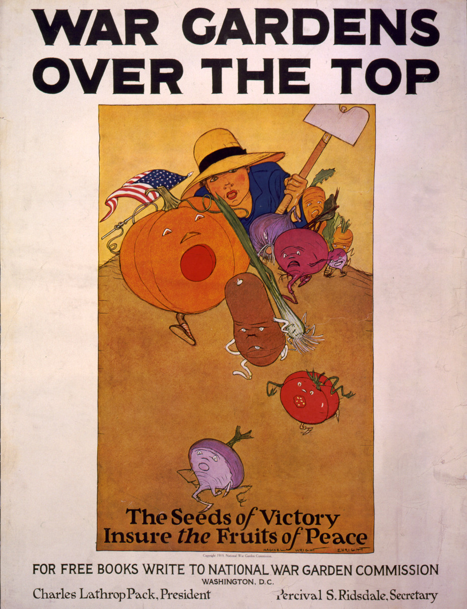 War Gardens Over the Top, WWI propaganda poster — vintage poster