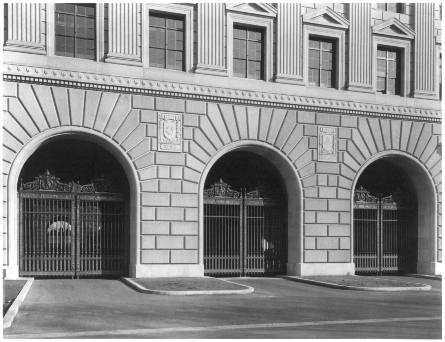 D.C. Washington. Dept. of Commerce Building. 1932. Exterior. Detail [showing 3 gates], c1932 March 3. — historic photograph