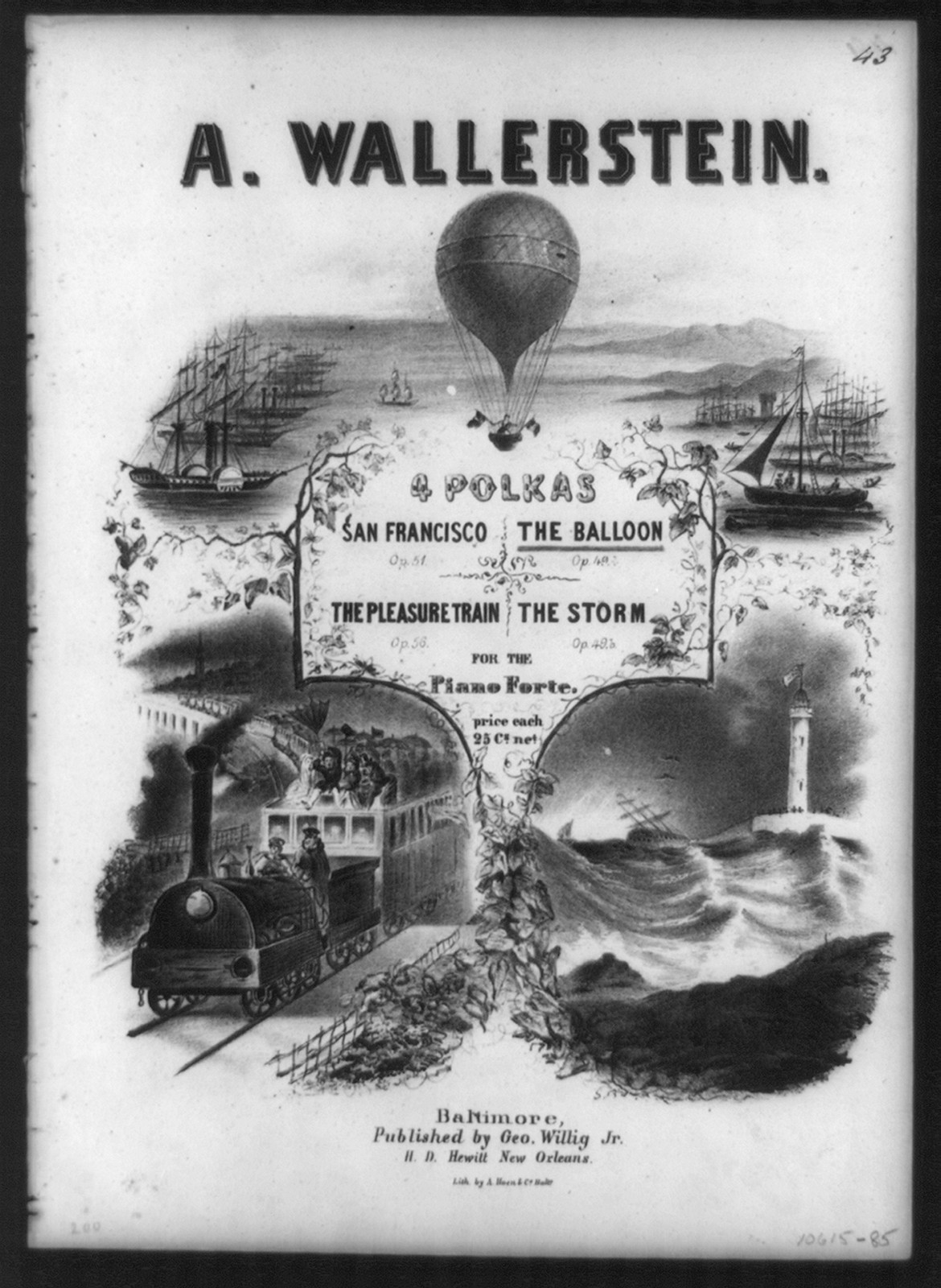 4 Polkas - San Francisco, The Balloon, The Pleasure Train, The Storm, [between 1830 and 1910] — antique lithograph